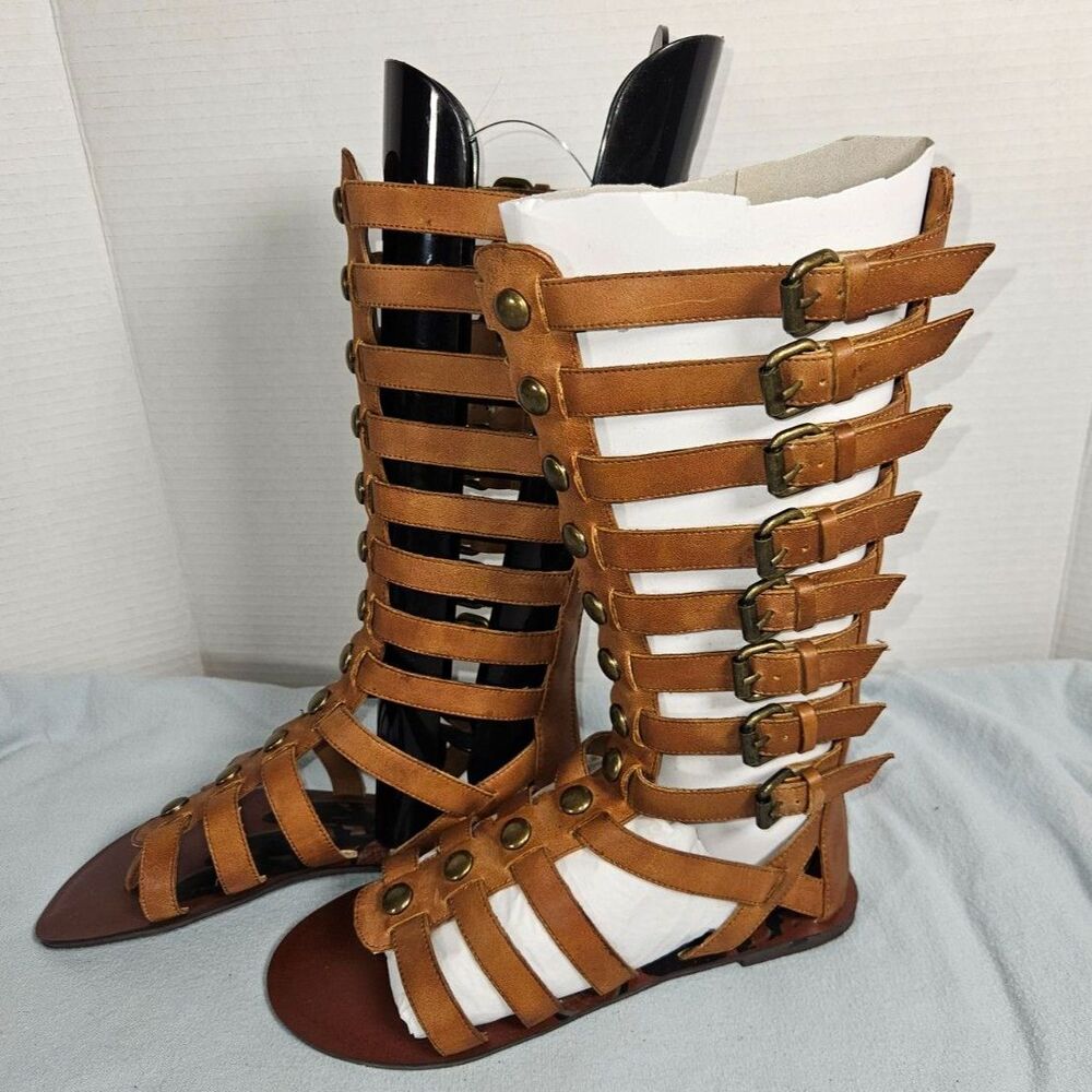 Tan Cognac Faux Leather Tall Gladiator Sandal Boots with Brass Studs Buckles 8